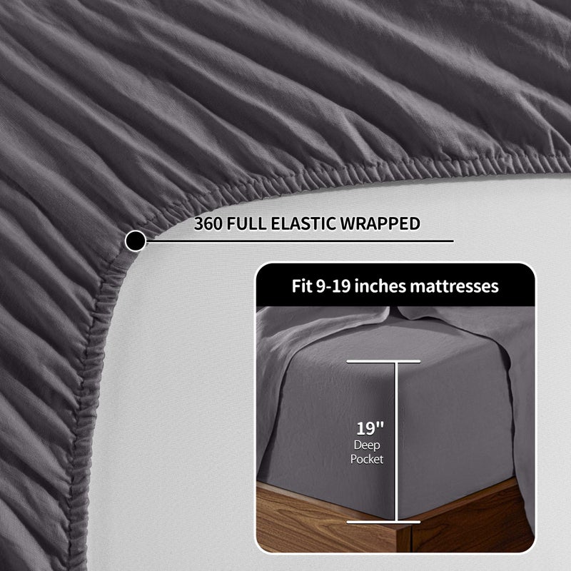 LBRO2M 100% Linen Sheet Set 19"" Deep Pocket Full Size,Bed Sheets 4 Piece Sets,Solid Color Natural Flax Bed Sheets Soft Breathable Bedding, All Season (Full, Dark Grey) - Image 2